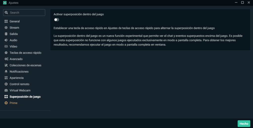 como activar la superposicion de juego en streamlabs obs